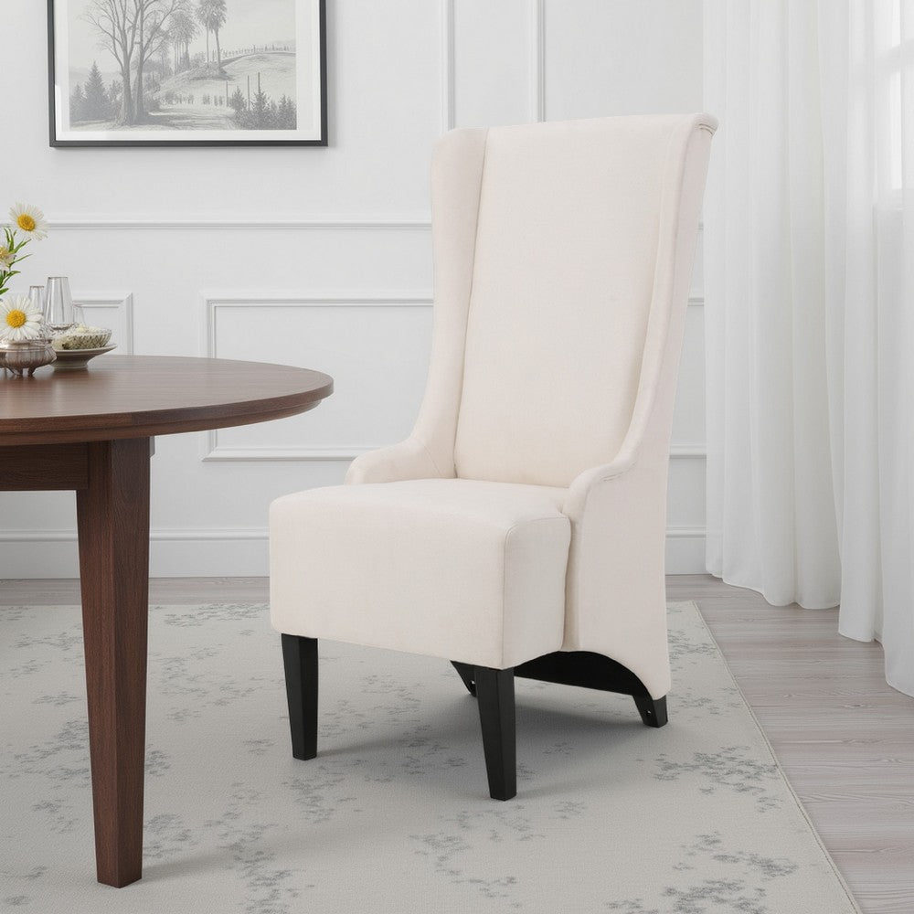 Benjara Becca Dining Chair, Beige Fabric, High Wingback, Tapered Black Legs