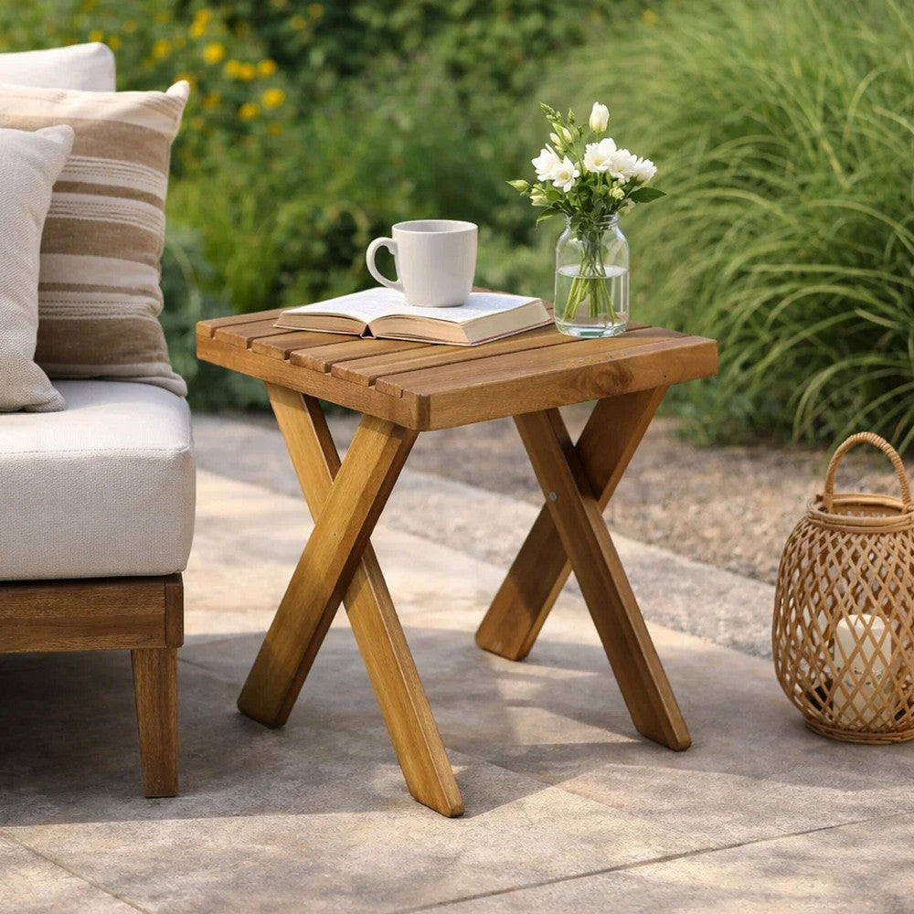 Benjara Harley Outdoor Side Table, X Legs, Square 18 Inch Brown Acacia Wood
