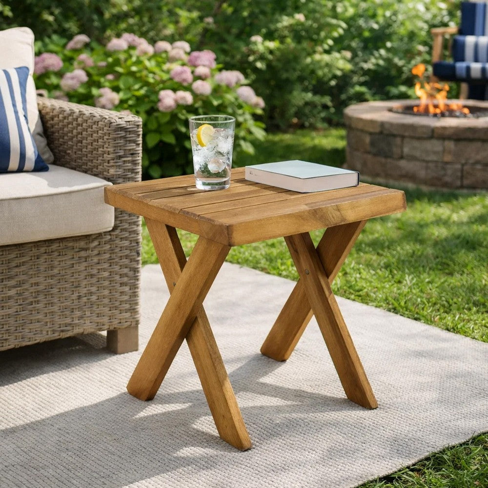 Benjara Harley Outdoor Side Table, X Legs, Square 18 Inch Brown Acacia Wood