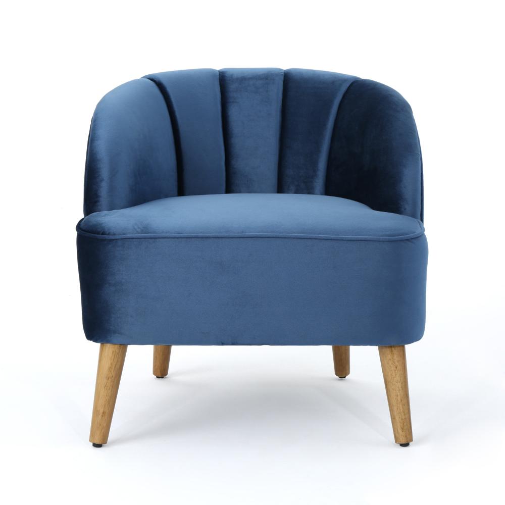 Benjara Shale Accent Chair, Navy Blue Velvet, Curved Backrest, Brown Wood Legs