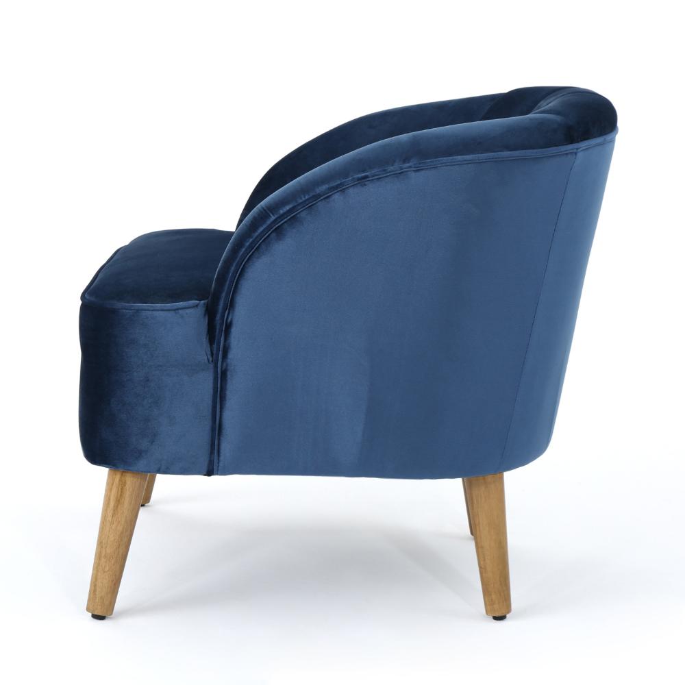 Benjara Shale Accent Chair, Navy Blue Velvet, Curved Backrest, Brown Wood Legs