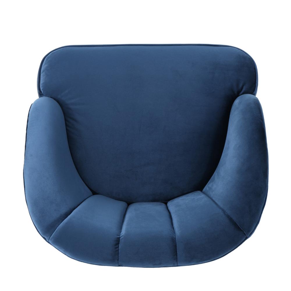 Benjara Shale Accent Chair, Navy Blue Velvet, Curved Backrest, Brown Wood Legs