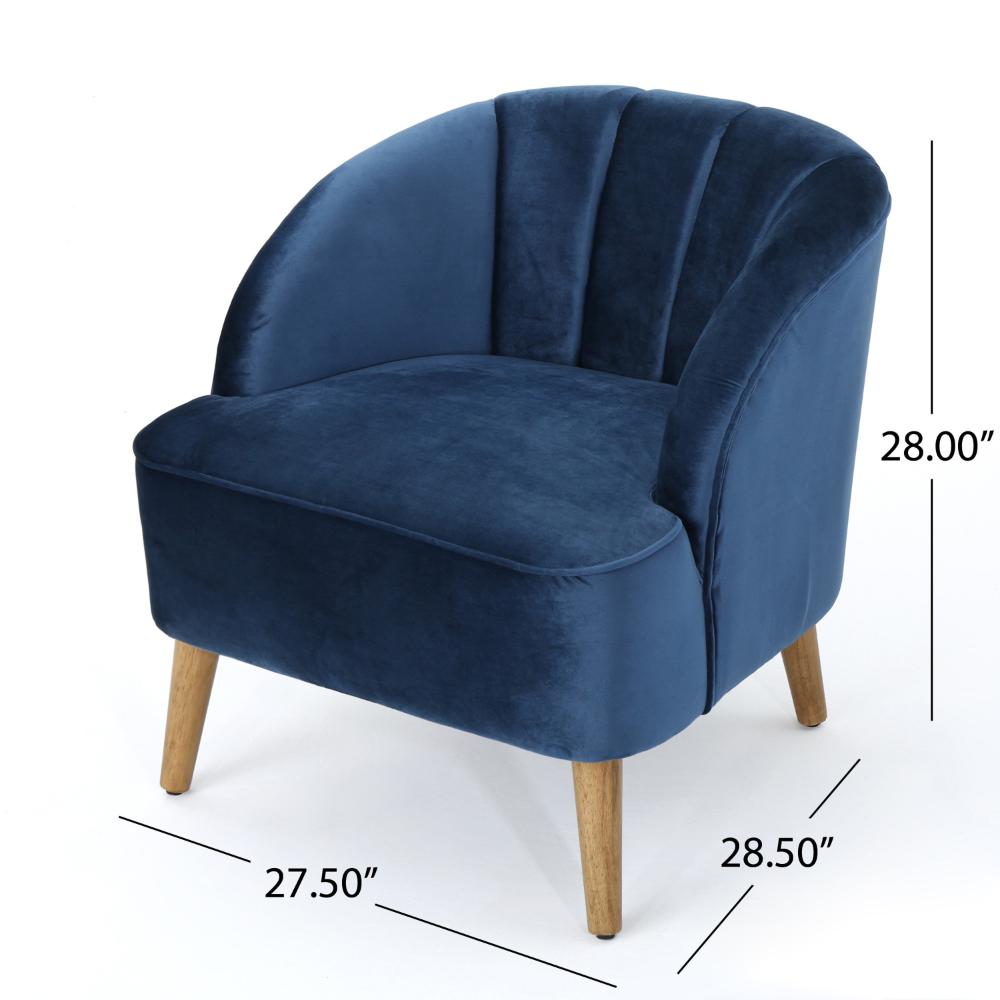 Benjara Shale Accent Chair, Navy Blue Velvet, Curved Backrest, Brown Wood Legs