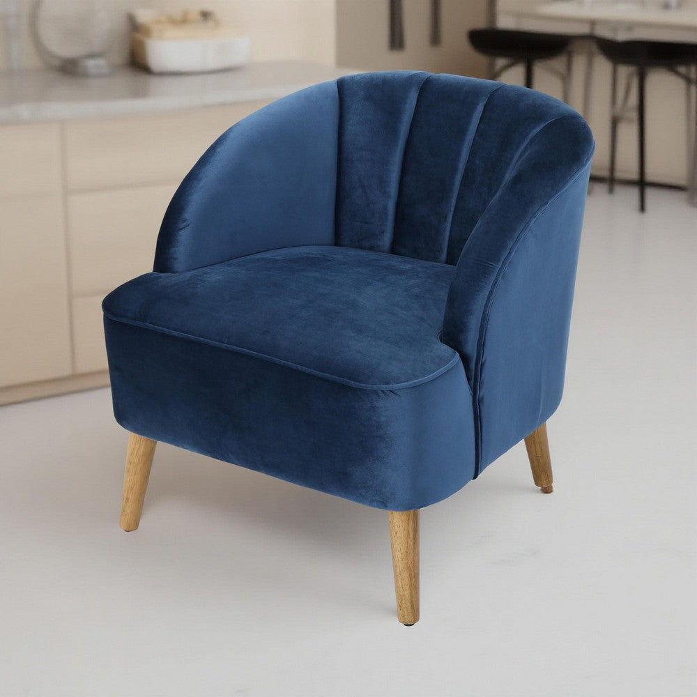 Benjara Shale Accent Chair, Navy Blue Velvet, Curved Backrest, Brown Wood Legs