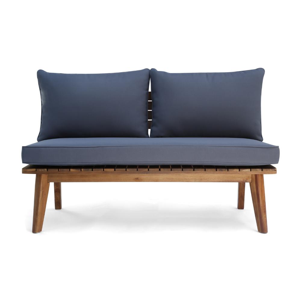 Benjara Almo Outdoor Loveseat Bench, Gray Fabric, 49 Inch Brown Acacia Wood