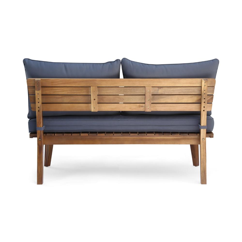Benjara Almo Outdoor Loveseat Bench, Gray Fabric, 49 Inch Brown Acacia Wood