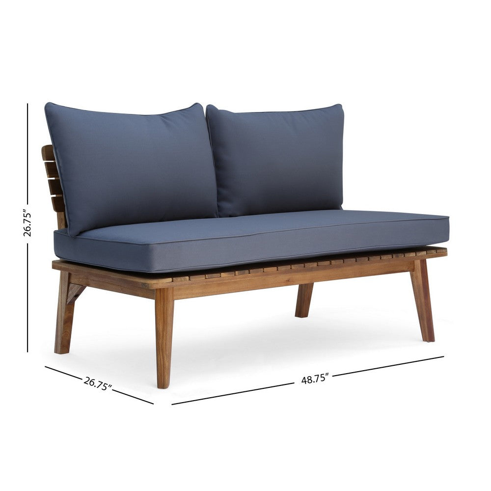 Benjara Almo Outdoor Loveseat Bench, Gray Fabric, 49 Inch Brown Acacia Wood