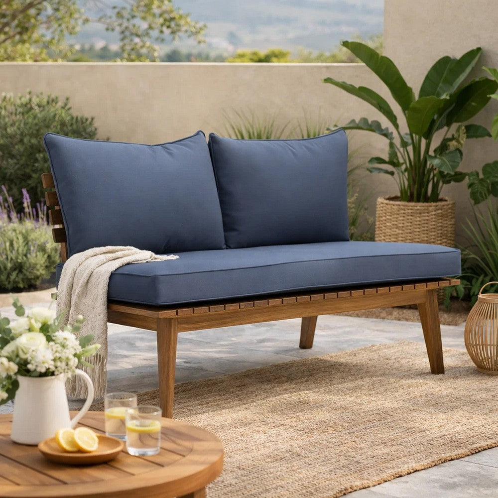 Benjara Almo Outdoor Loveseat Bench, Gray Fabric, 49 Inch Brown Acacia Wood