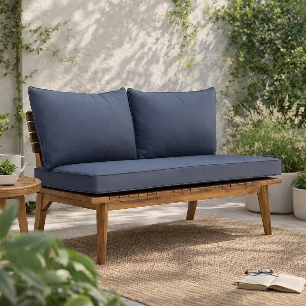 Benjara Almo Outdoor Loveseat Bench, Gray Fabric, 49 Inch Brown Acacia Wood