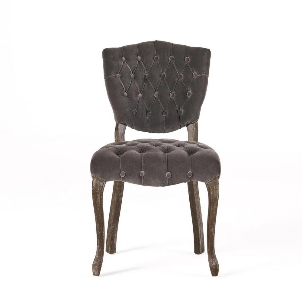 Benjara Jette Dining Chair Set of 2, Charcoal Gray Tufted Velvet, Brown Wood