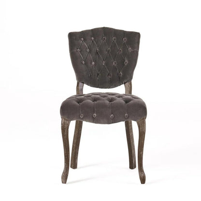 Benjara Jette Dining Chair Set of 2, Charcoal Gray Tufted Velvet, Brown Wood