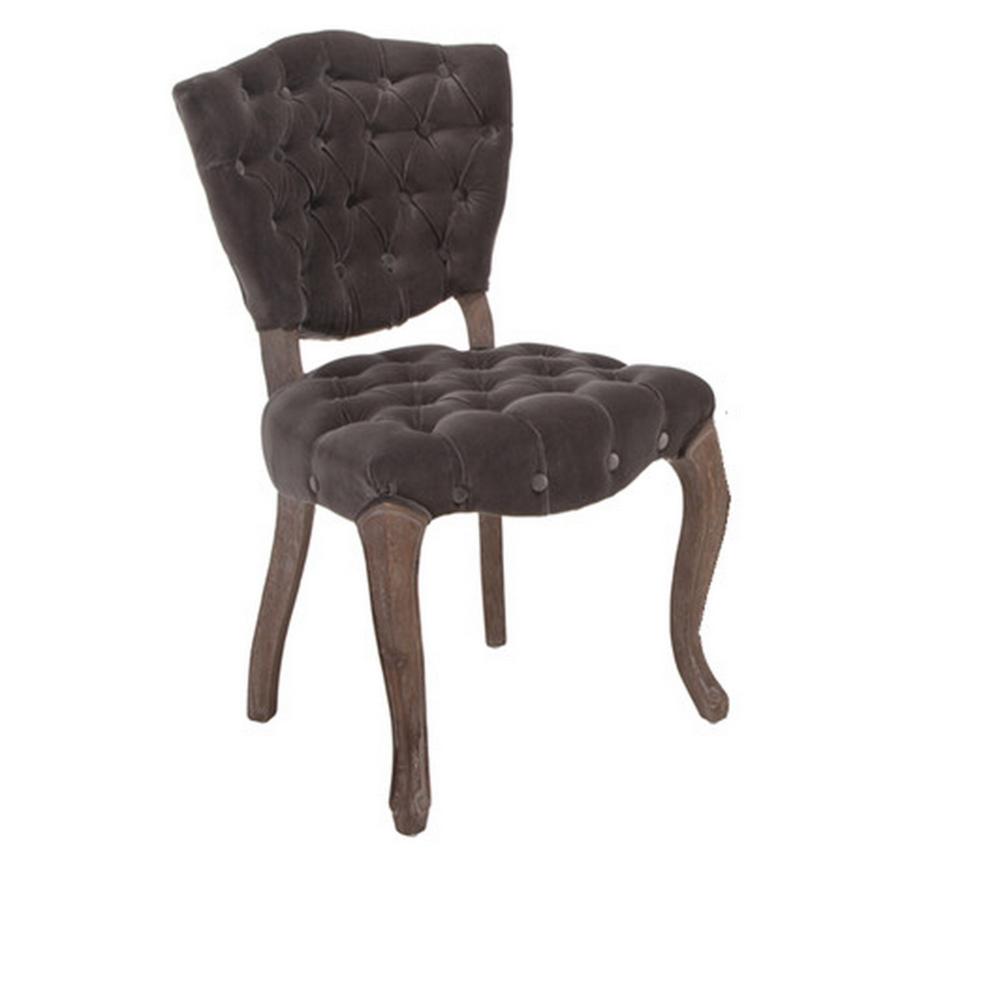Benjara Jette Dining Chair Set of 2, Charcoal Gray Tufted Velvet, Brown Wood