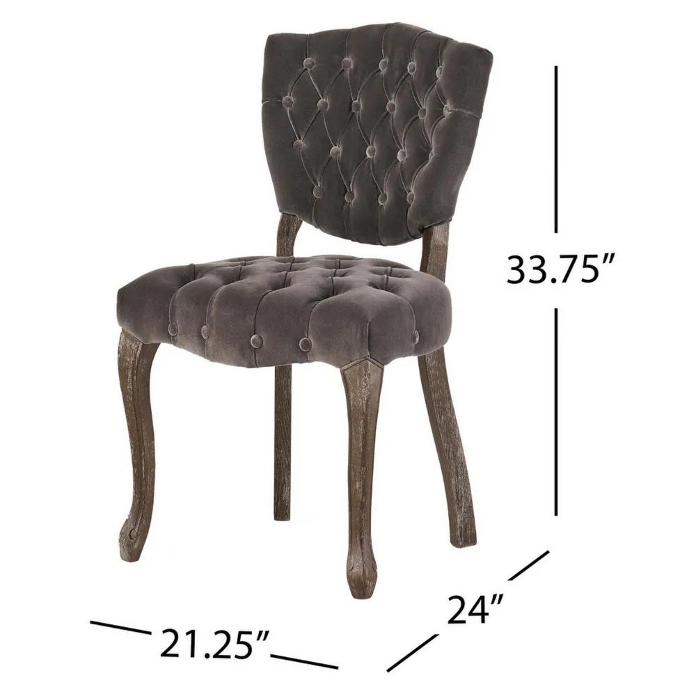 Benjara Jette Dining Chair Set of 2, Charcoal Gray Tufted Velvet, Brown Wood