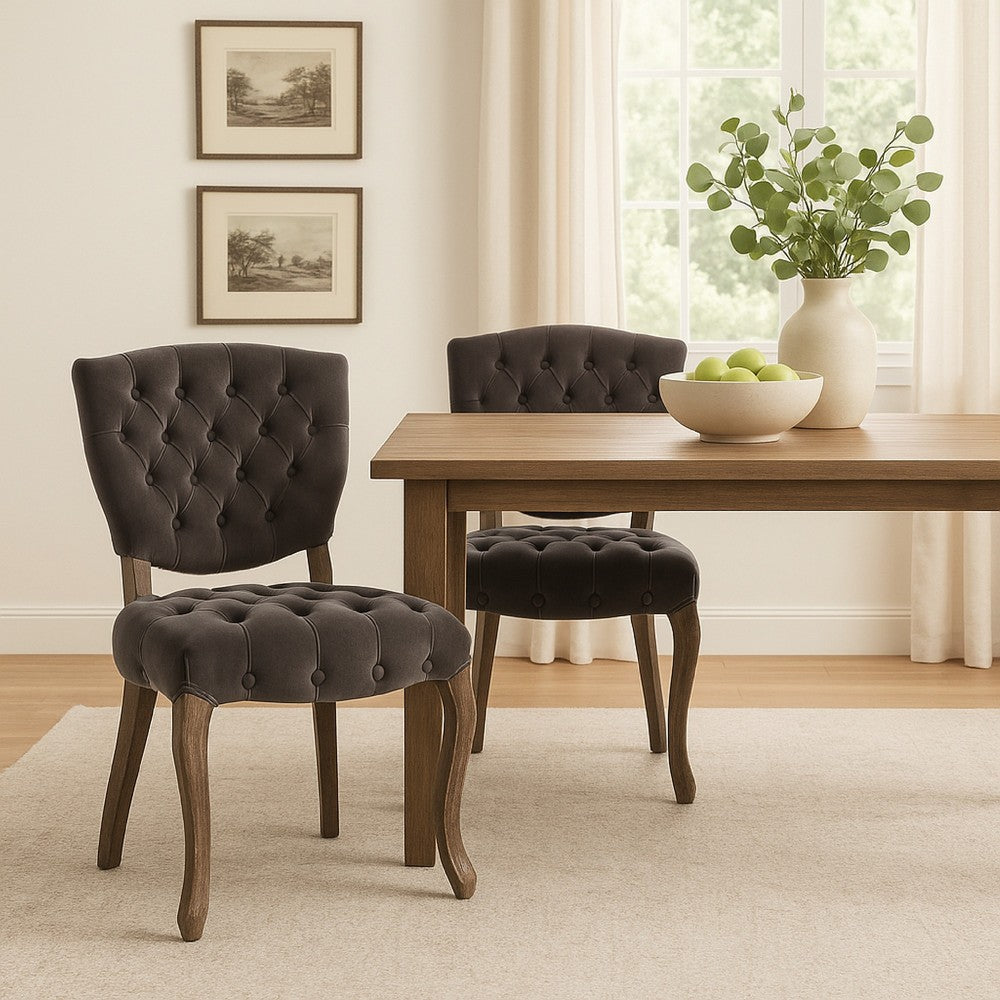 Benjara Jette Dining Chair Set of 2, Charcoal Gray Tufted Velvet, Brown Wood