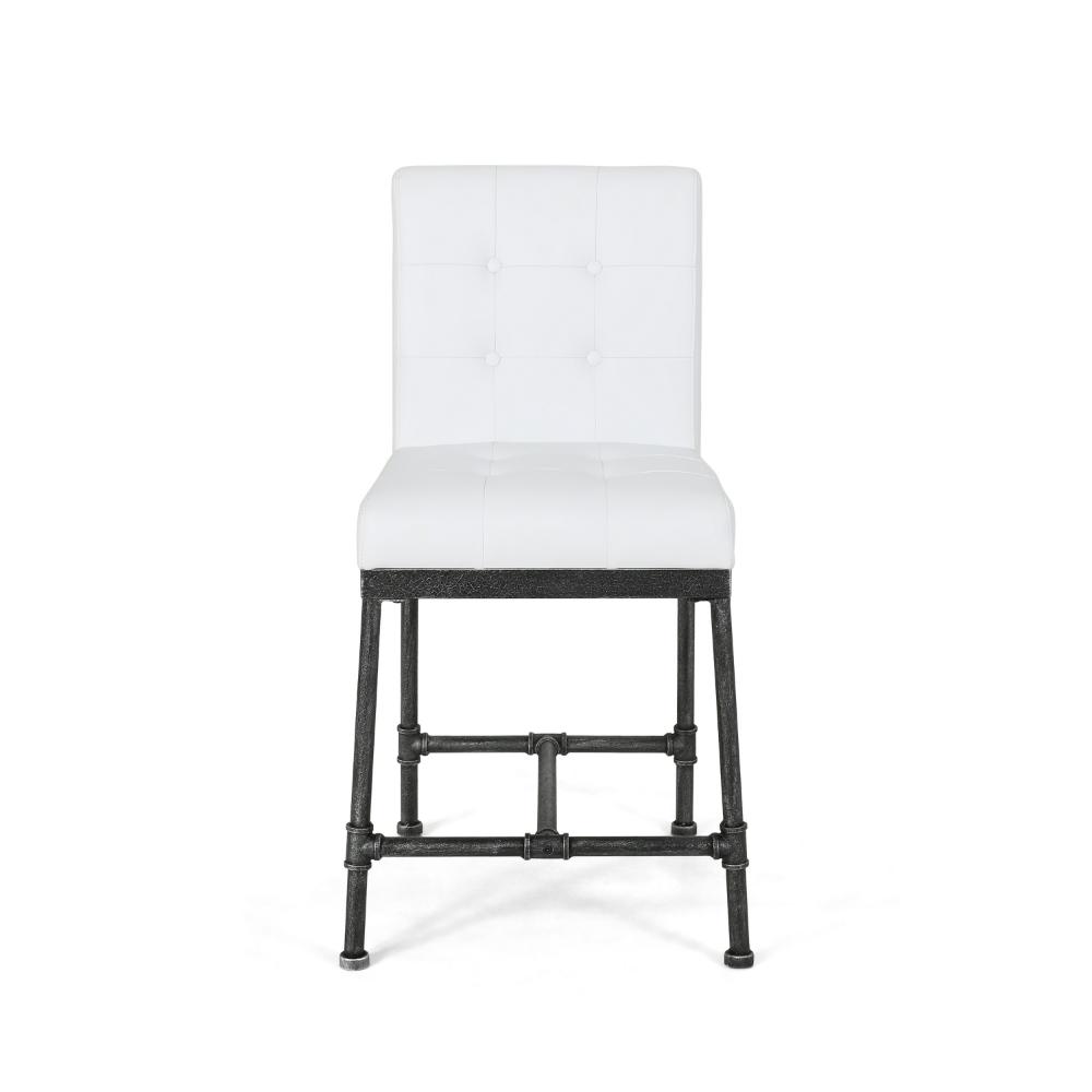 Benjara Bruke Counter Height Chair Set of 2, White Tufted Faux Leather, Metal