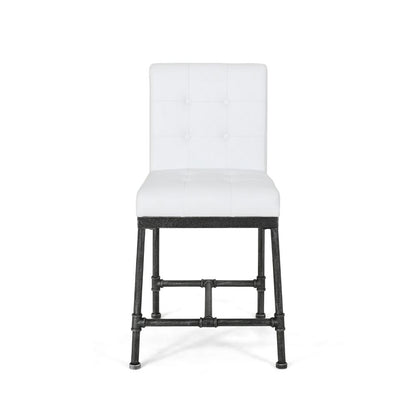 Benjara Bruke Counter Height Chair Set of 2, White Tufted Faux Leather, Metal