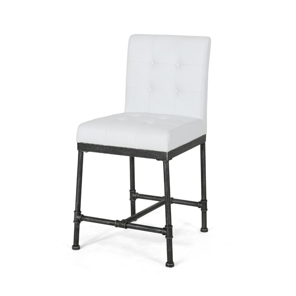 Benjara Bruke Counter Height Chair Set of 2, White Tufted Faux Leather, Metal
