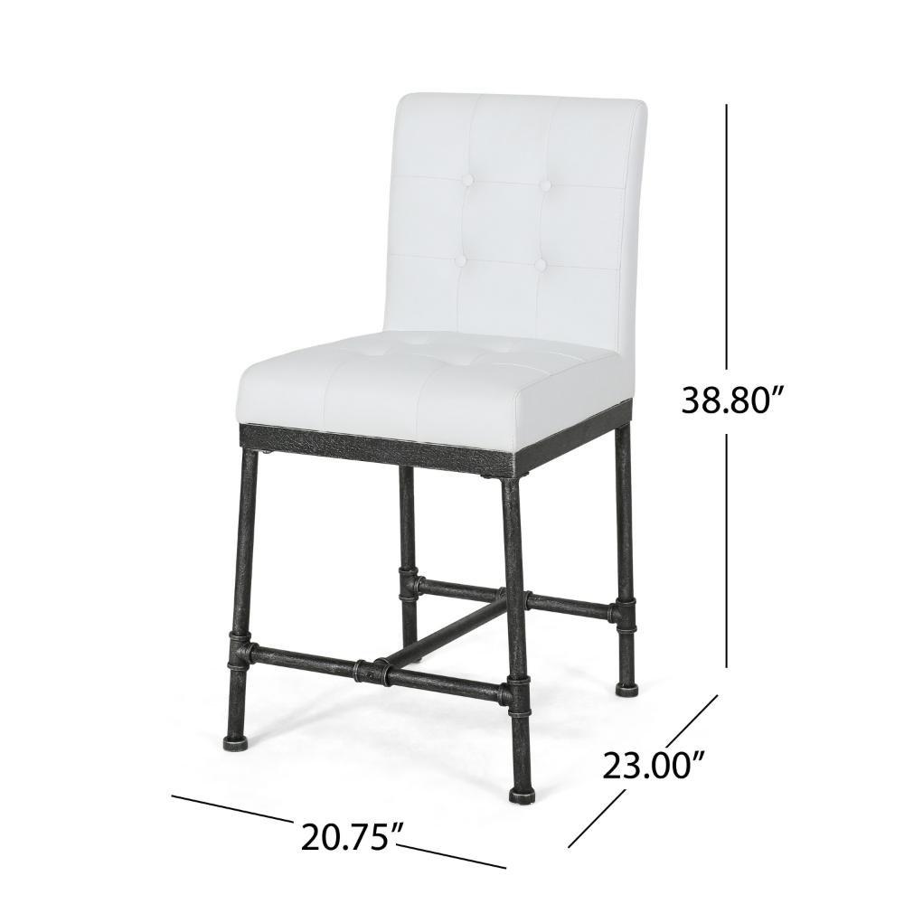 Benjara Bruke Counter Height Chair Set of 2, White Tufted Faux Leather, Metal