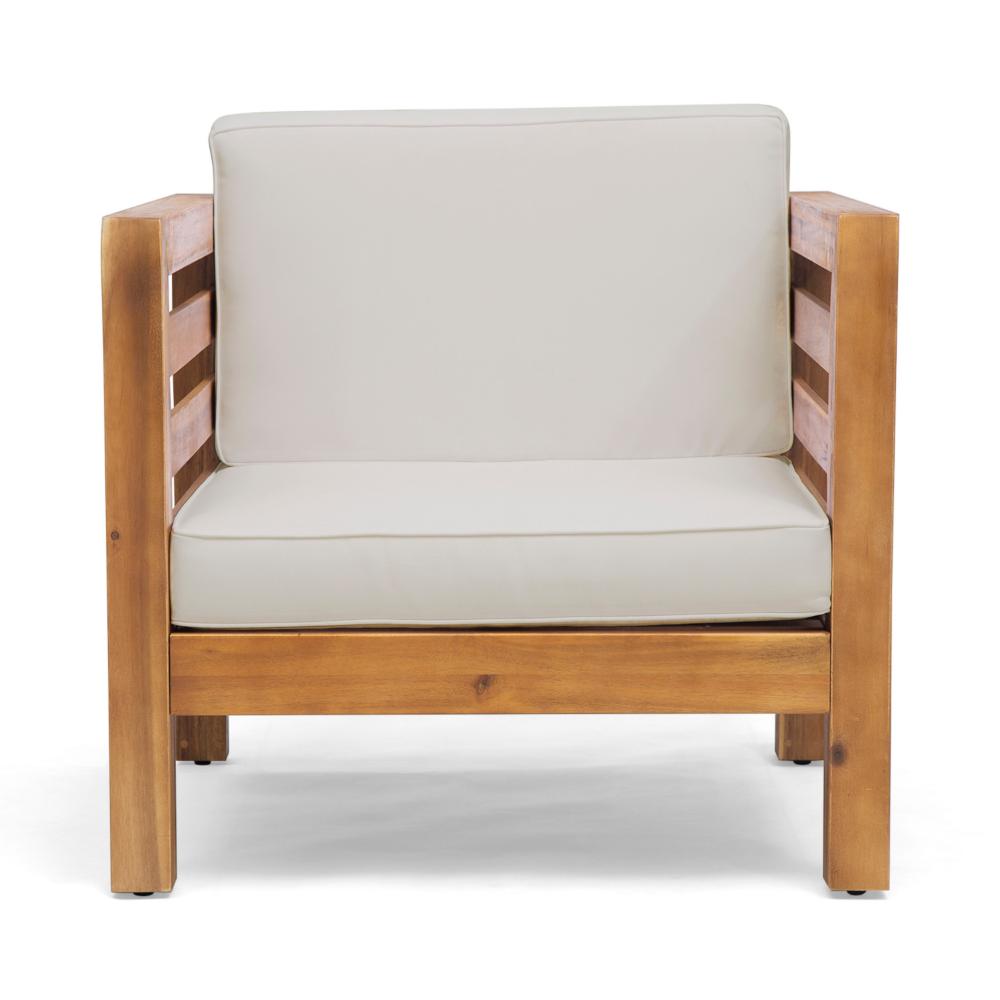 Benjara Carie Outdoor Accent Chair, Beige, Soft Cushions, Brown Acacia Wood