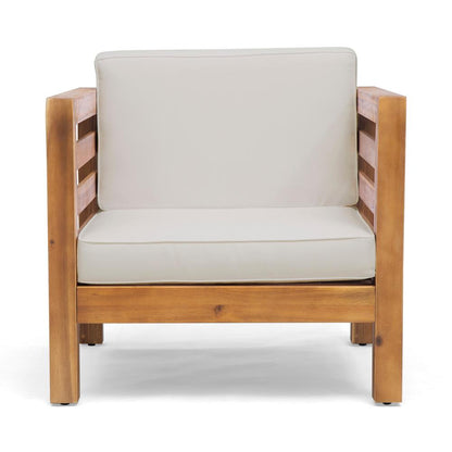 Benjara Carie Outdoor Accent Chair, Beige, Soft Cushions, Brown Acacia Wood
