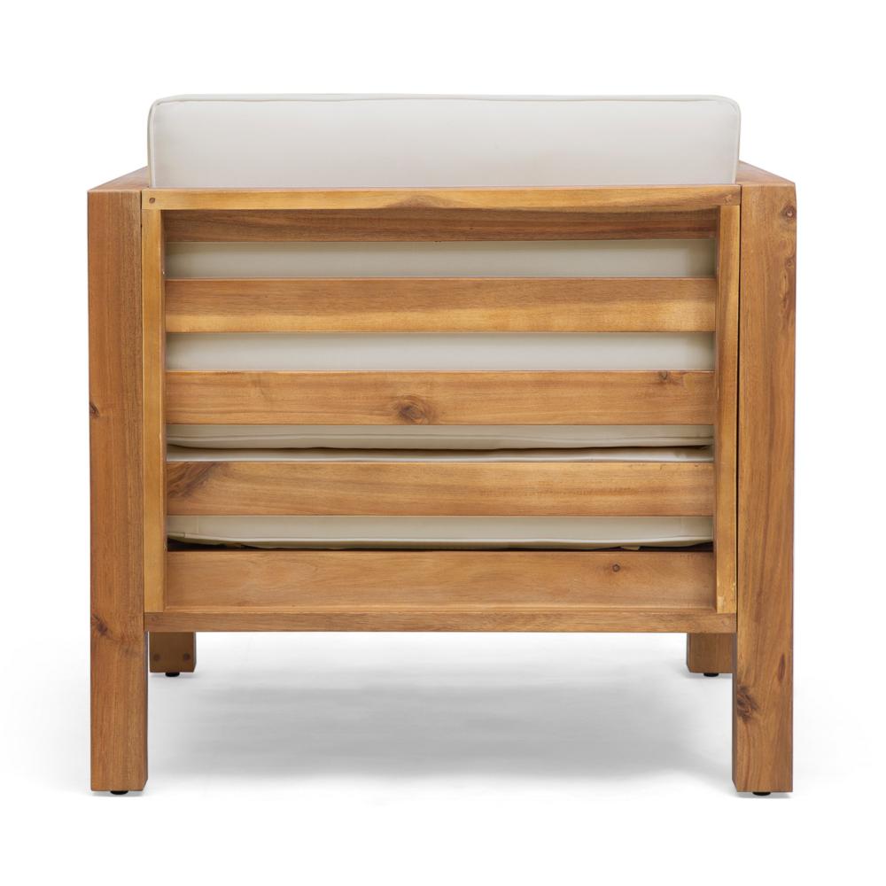 Benjara Carie Outdoor Accent Chair, Beige, Soft Cushions, Brown Acacia Wood