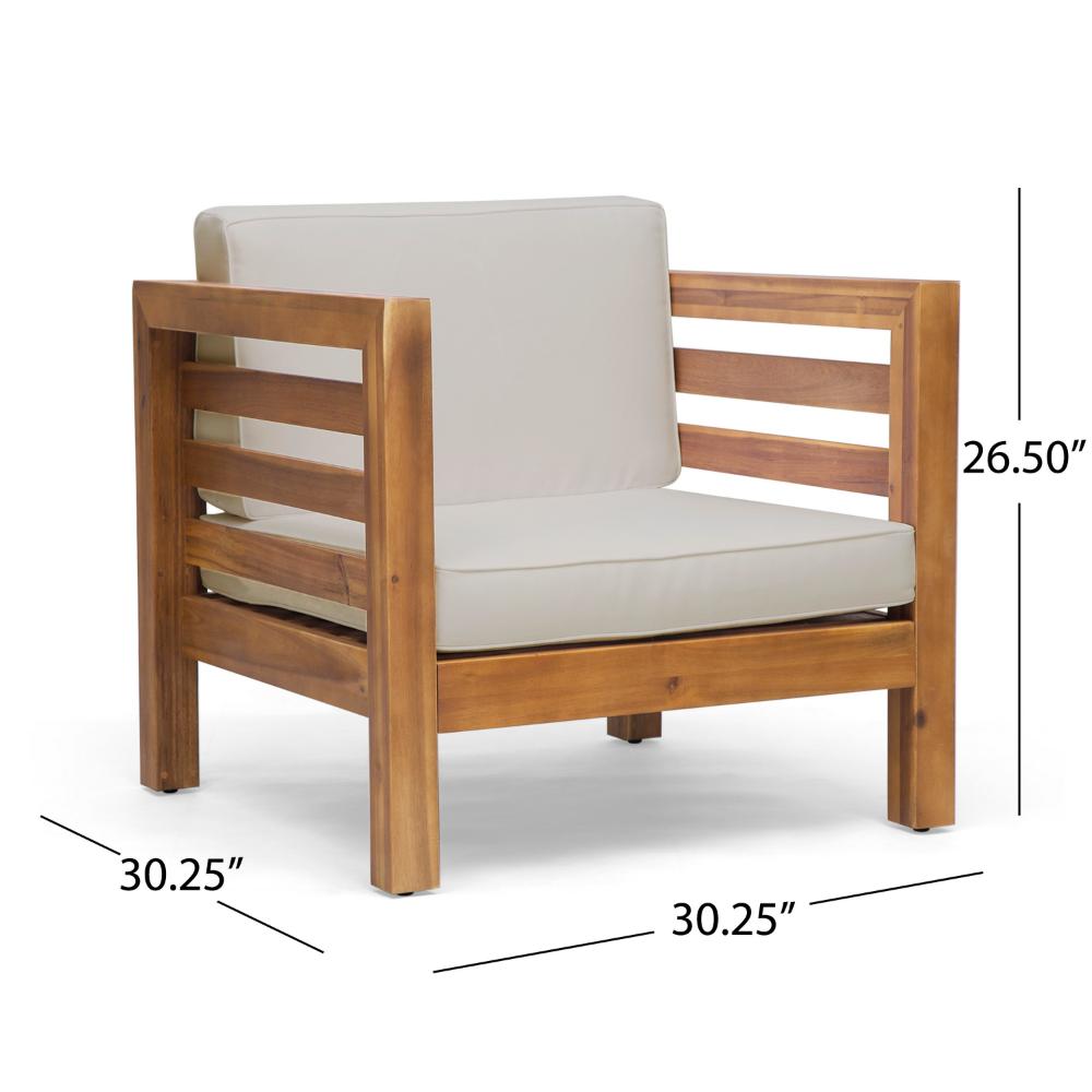 Benjara Carie Outdoor Accent Chair, Beige, Soft Cushions, Brown Acacia Wood