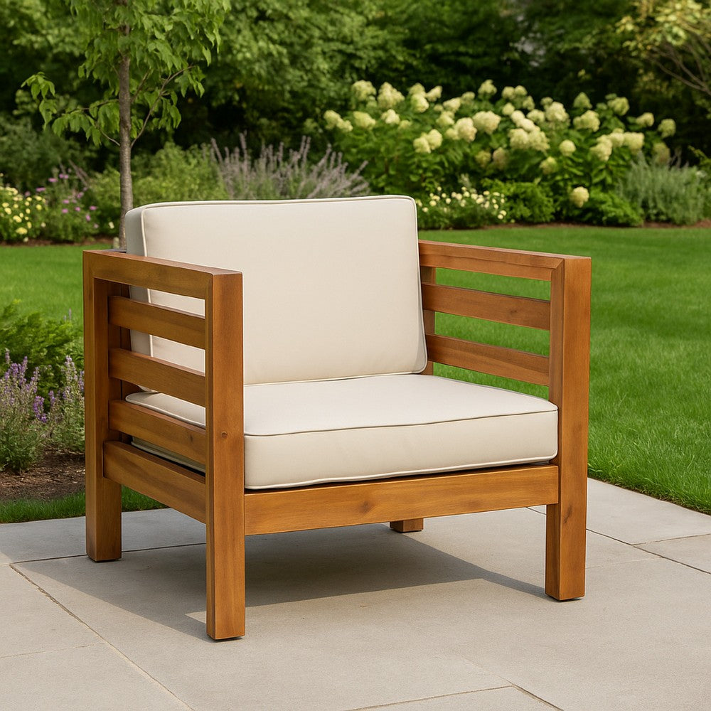 Benjara Carie Outdoor Accent Chair, Beige, Soft Cushions, Brown Acacia Wood