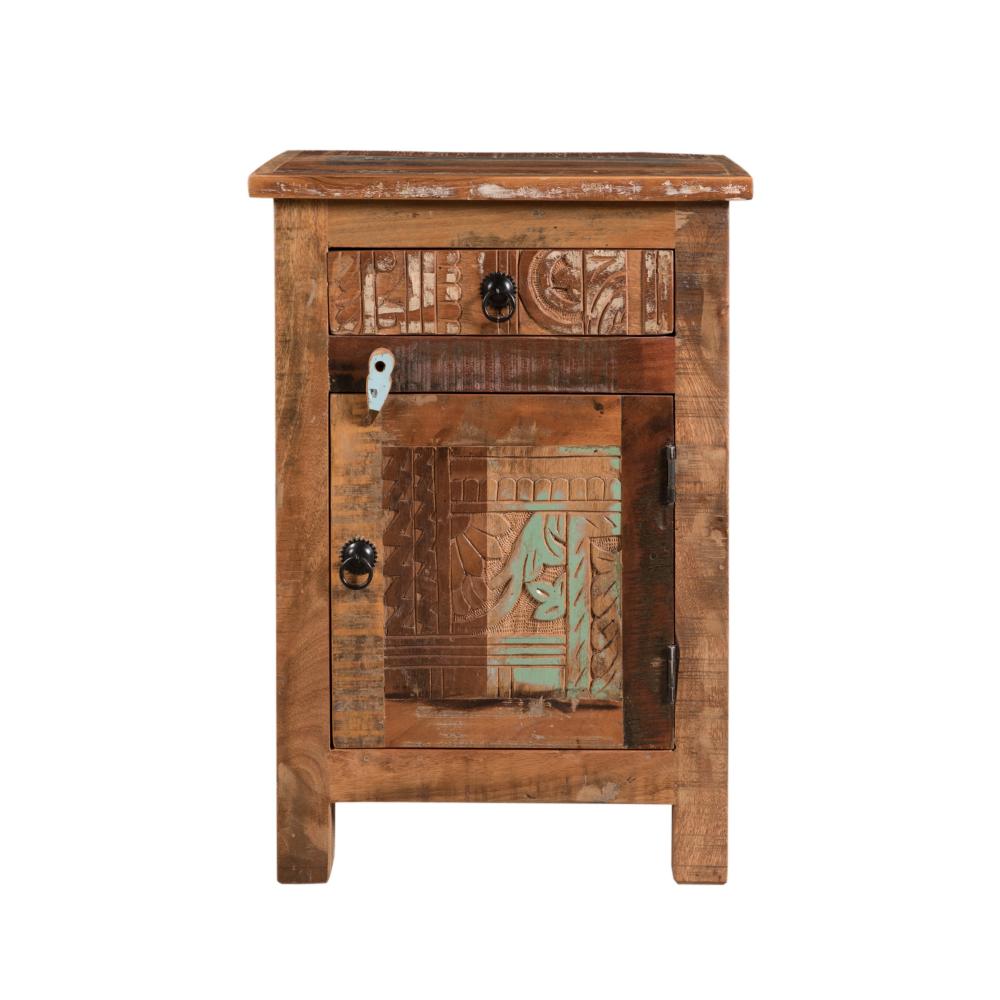 Benjara Cherry End Table, Distressed Painted Drawer And Cabinet, Brown Wood