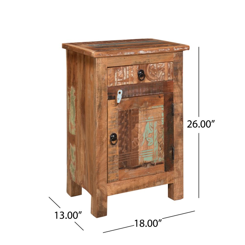 Benjara Cherry End Table, Distressed Painted Drawer And Cabinet, Brown Wood