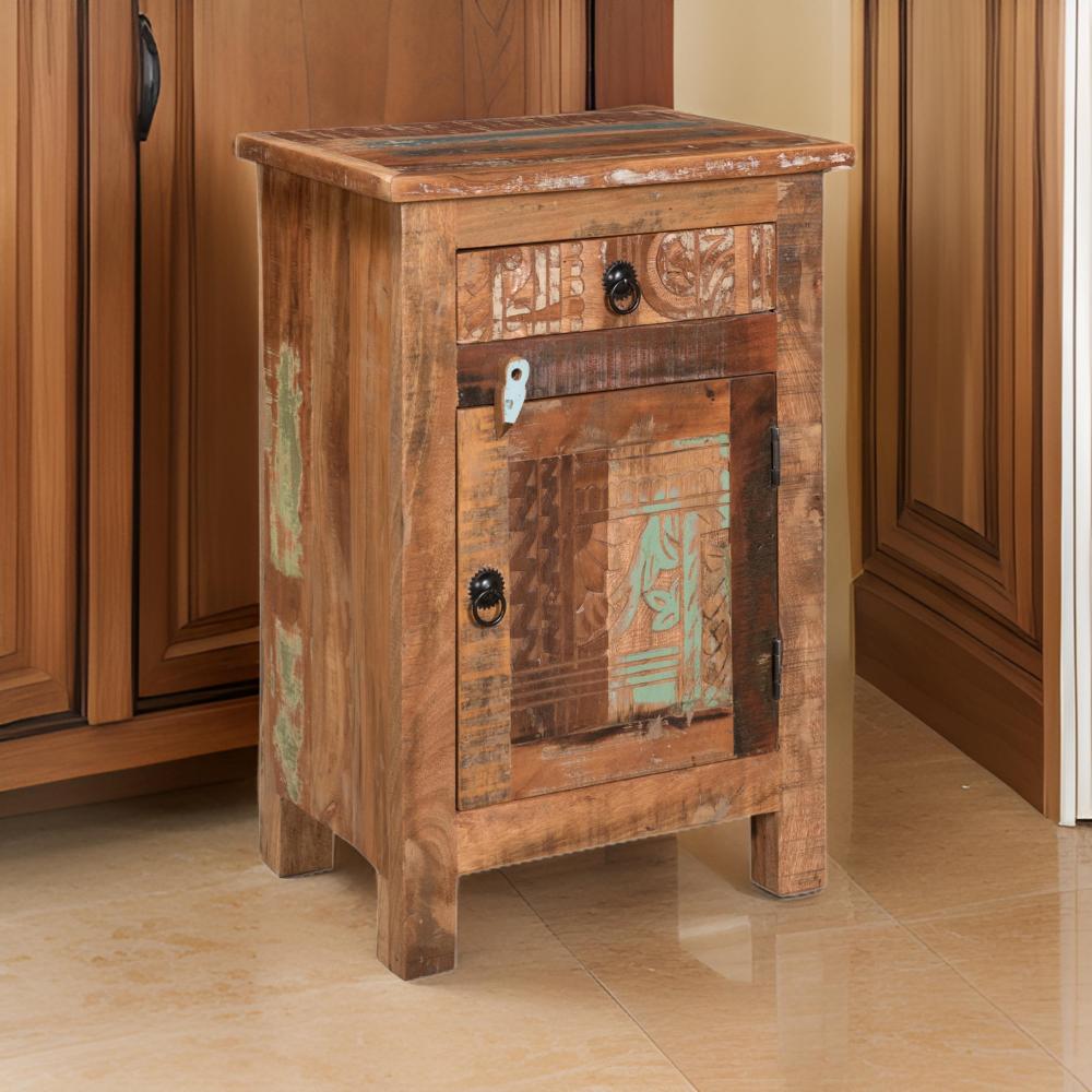 Benjara Cherry End Table, Distressed Painted Drawer And Cabinet, Brown Wood