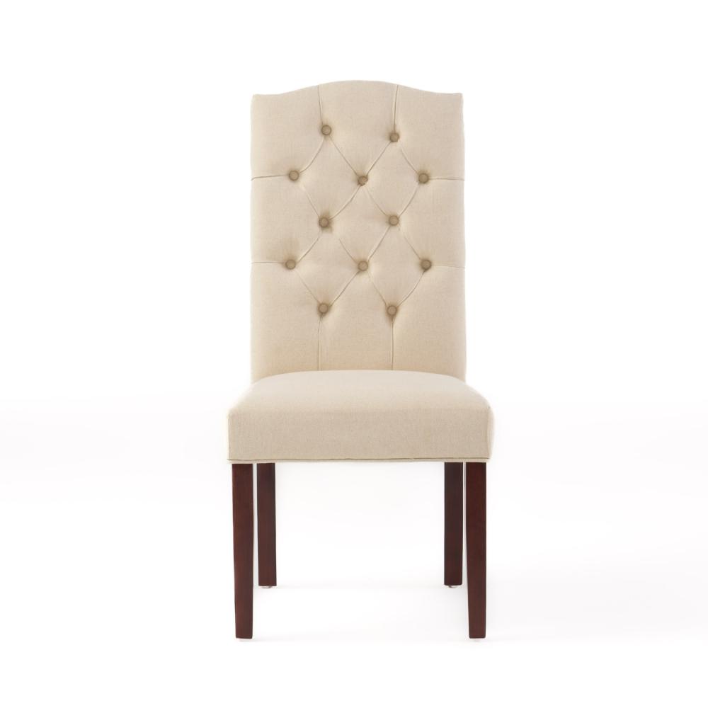 Benjara Kevy Dining Chair Set of 2, Brown Solid Wood, Ivory Tufted Linen