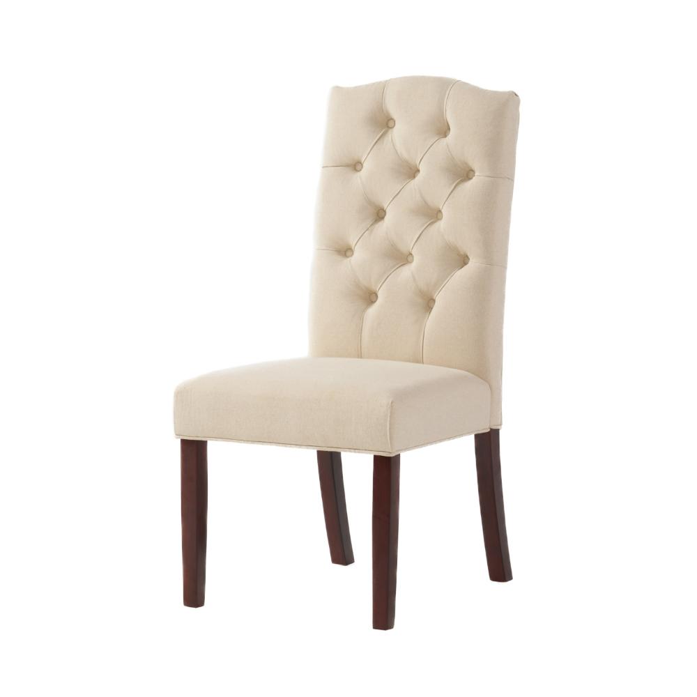 Benjara Kevy Dining Chair Set of 2, Brown Solid Wood, Ivory Tufted Linen