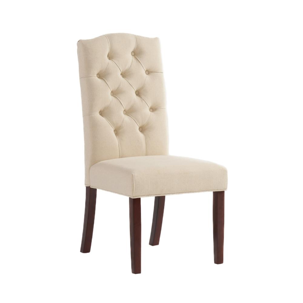 Benjara Kevy Dining Chair Set of 2, Brown Solid Wood, Ivory Tufted Linen