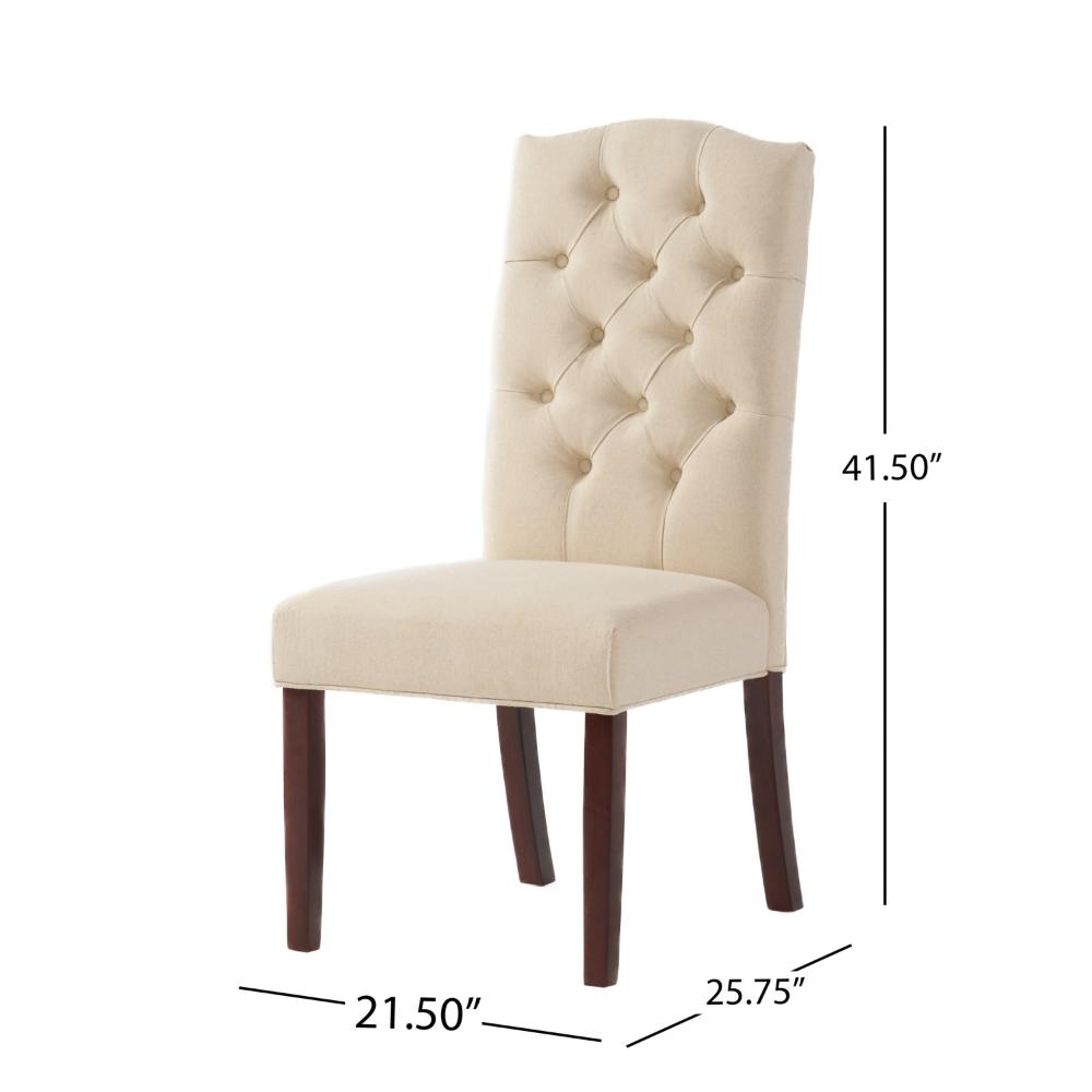 Benjara Kevy Dining Chair Set of 2, Brown Solid Wood, Ivory Tufted Linen