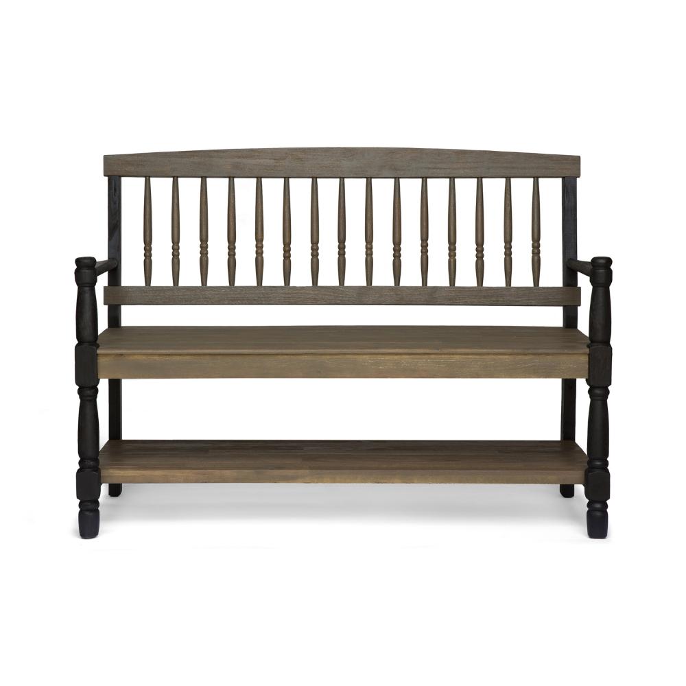 Benjara Ikra Outdoor Bench with Shelf, 51 Inch Carved Gray Acacia Wood, Black