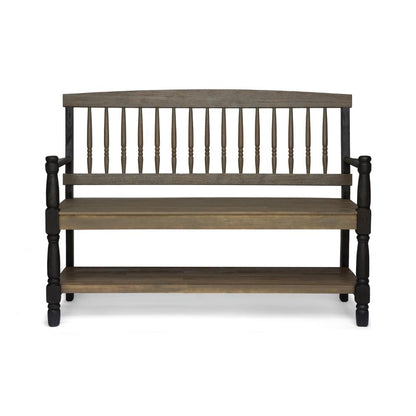 Benjara Ikra Outdoor Bench with Shelf, 51 Inch Carved Gray Acacia Wood, Black