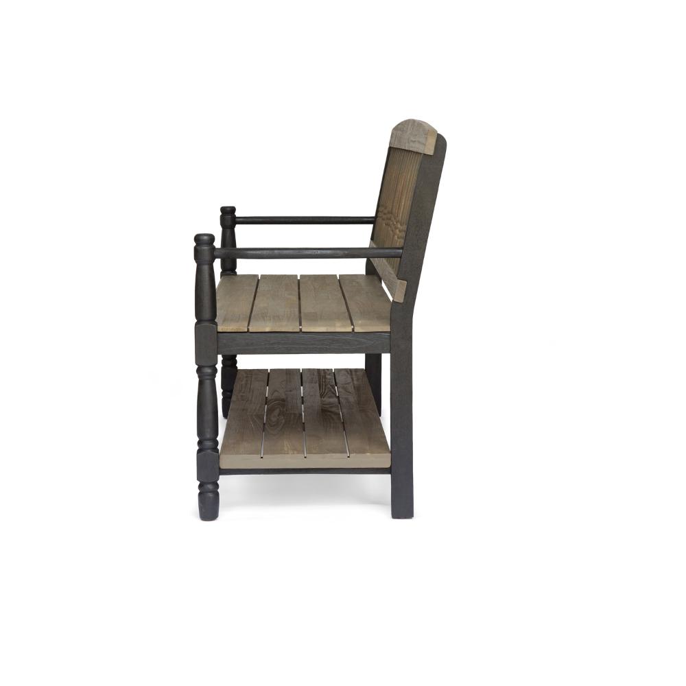 Benjara Ikra Outdoor Bench with Shelf, 51 Inch Carved Gray Acacia Wood, Black