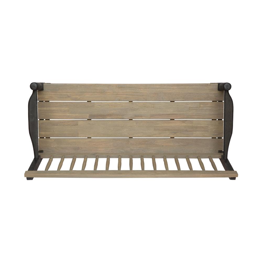 Benjara Ikra Outdoor Bench with Shelf, 51 Inch Carved Gray Acacia Wood, Black