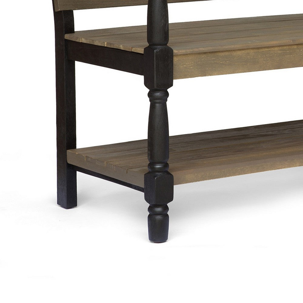 Benjara Ikra Outdoor Bench with Shelf, 51 Inch Carved Gray Acacia Wood, Black