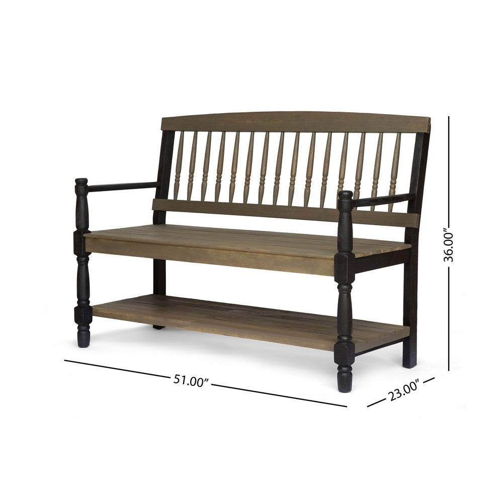 Benjara Ikra Outdoor Bench with Shelf, 51 Inch Carved Gray Acacia Wood, Black