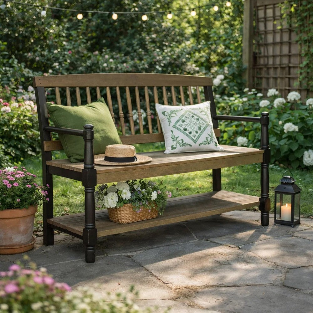 Benjara Ikra Outdoor Bench with Shelf, 51 Inch Carved Gray Acacia Wood, Black
