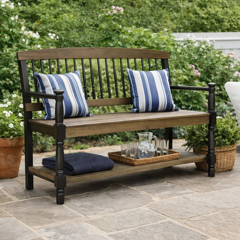 Benjara Ikra Outdoor Bench with Shelf, 51 Inch Carved Gray Acacia Wood, Black