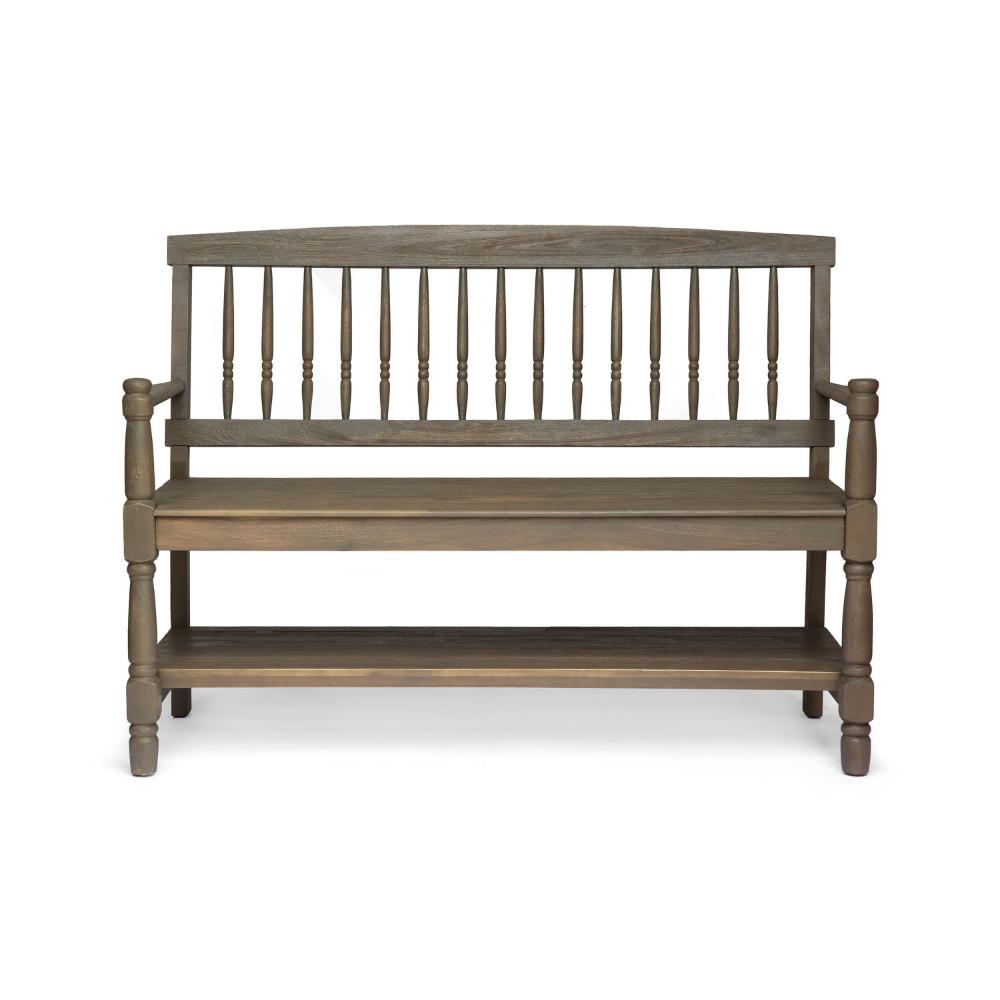 Benjara Ikra Outdoor Bench, Built-In Shelf, 51 Inch, Carved Gray Acacia Wood