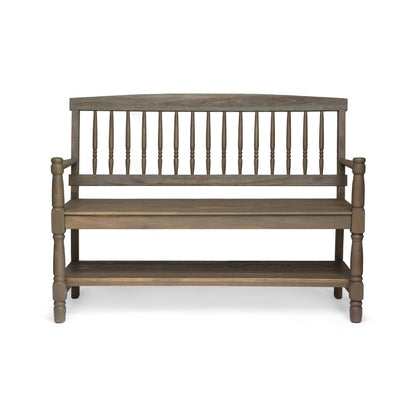 Benjara Ikra Outdoor Bench, Built-In Shelf, 51 Inch, Carved Gray Acacia Wood