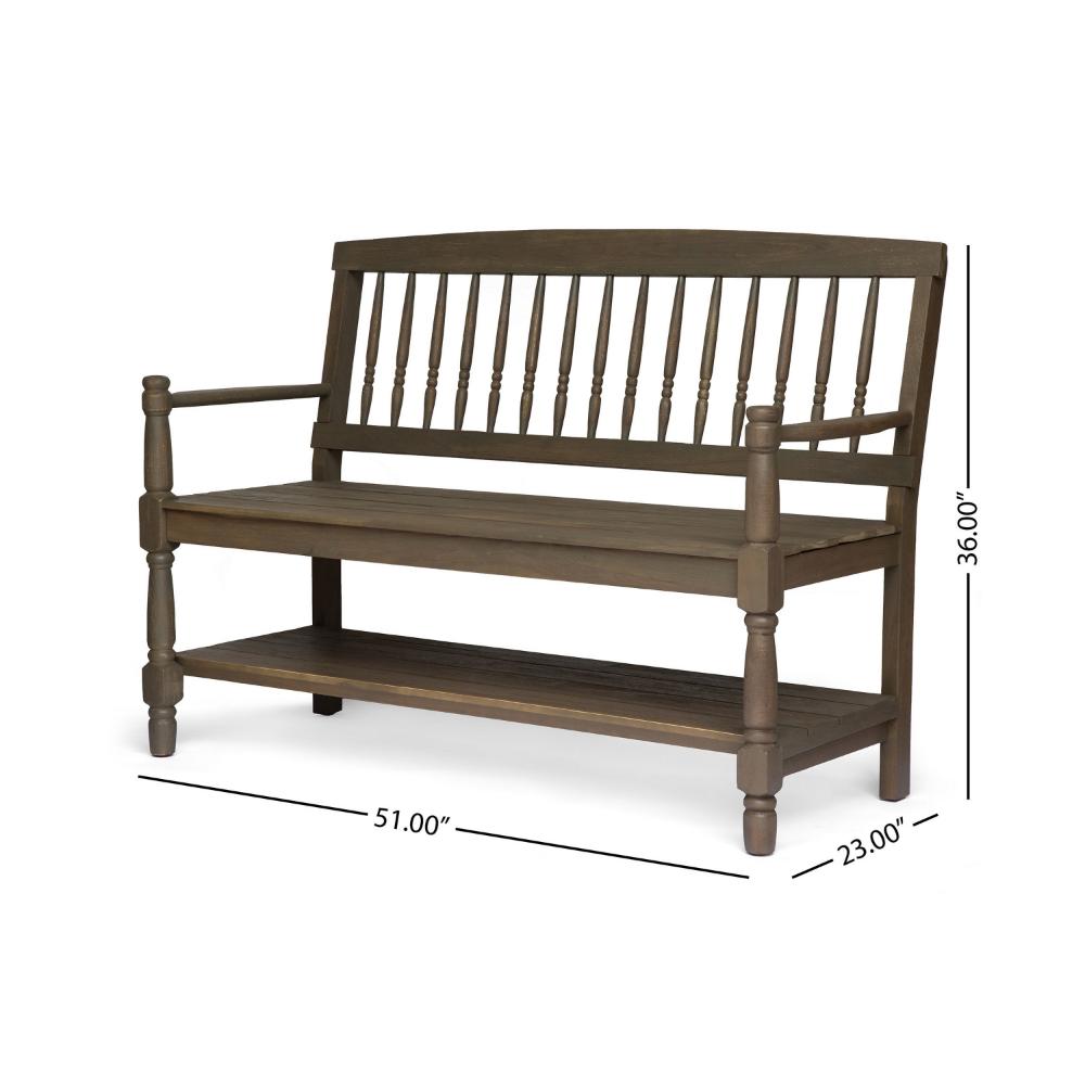 Benjara Ikra Outdoor Bench, Built-In Shelf, 51 Inch, Carved Gray Acacia Wood