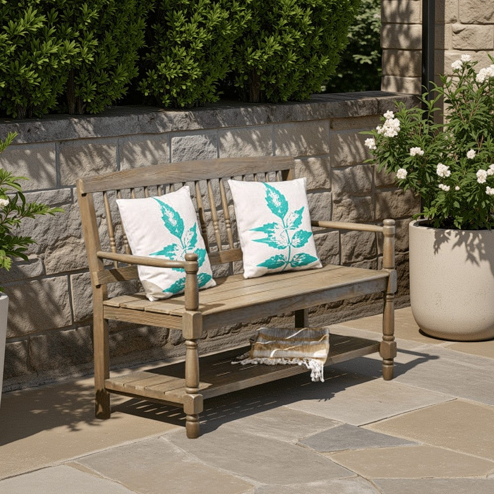 Benjara Ikra Outdoor Bench, Built-In Shelf, 51 Inch, Carved Gray Acacia Wood