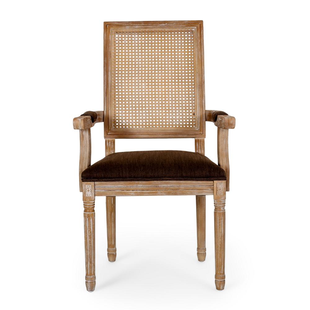 Benjara Amme Dining Chair Set of 2, Cane Backrest, Rubberwood, Brown Polyester