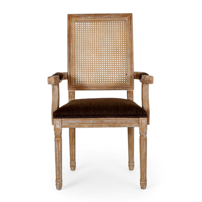 Benjara Amme Dining Chair Set of 2, Cane Backrest, Rubberwood, Brown Polyester