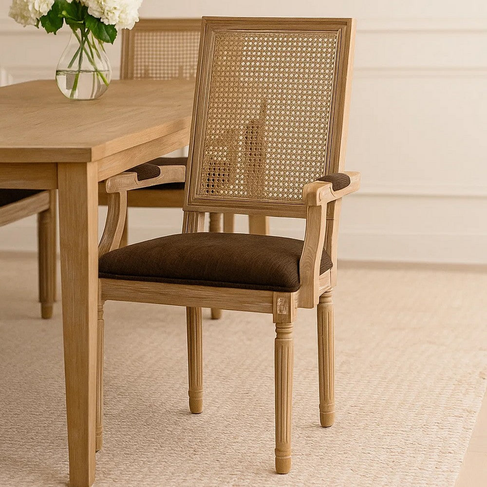 Benjara Amme Dining Chair Set of 2, Cane Backrest, Rubberwood, Brown Polyester