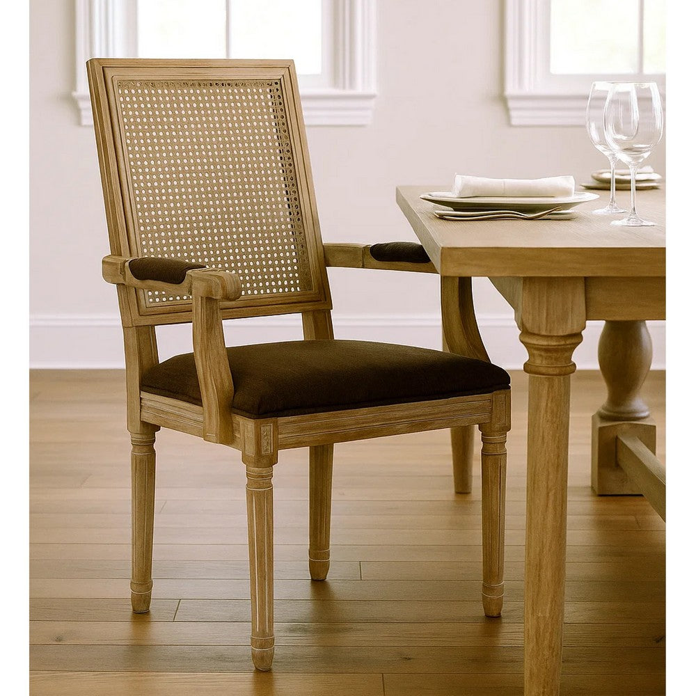 Benjara Amme Dining Chair Set of 2, Cane Backrest, Rubberwood, Brown Polyester